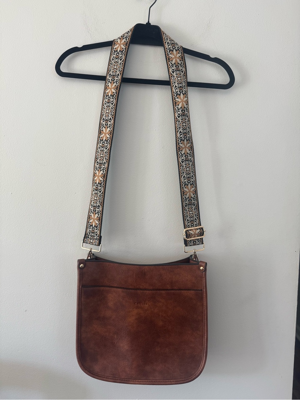 Faux Leather Brown Crossbody Bag with Decorative Strap and extra strap